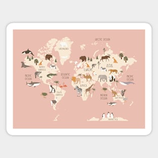 Animal World Map Pink Magnet